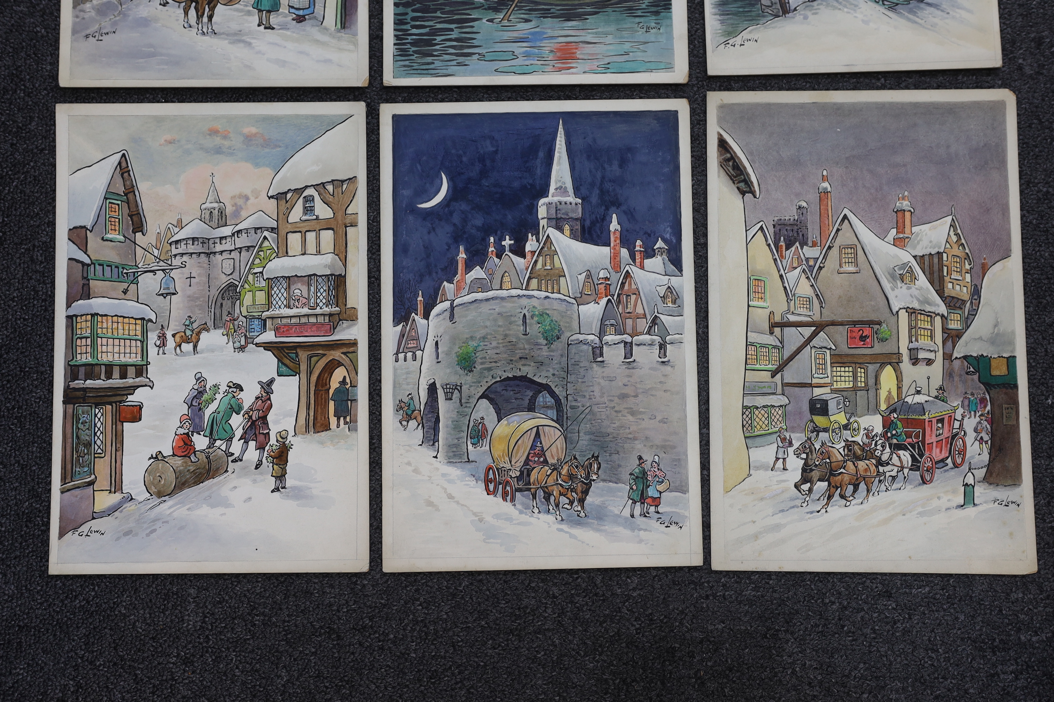 Frederick George Lewin (1861 - 1933) set of six watercolours, Regency style Christmas card scenes, signed, 20 x 19cm, unframed